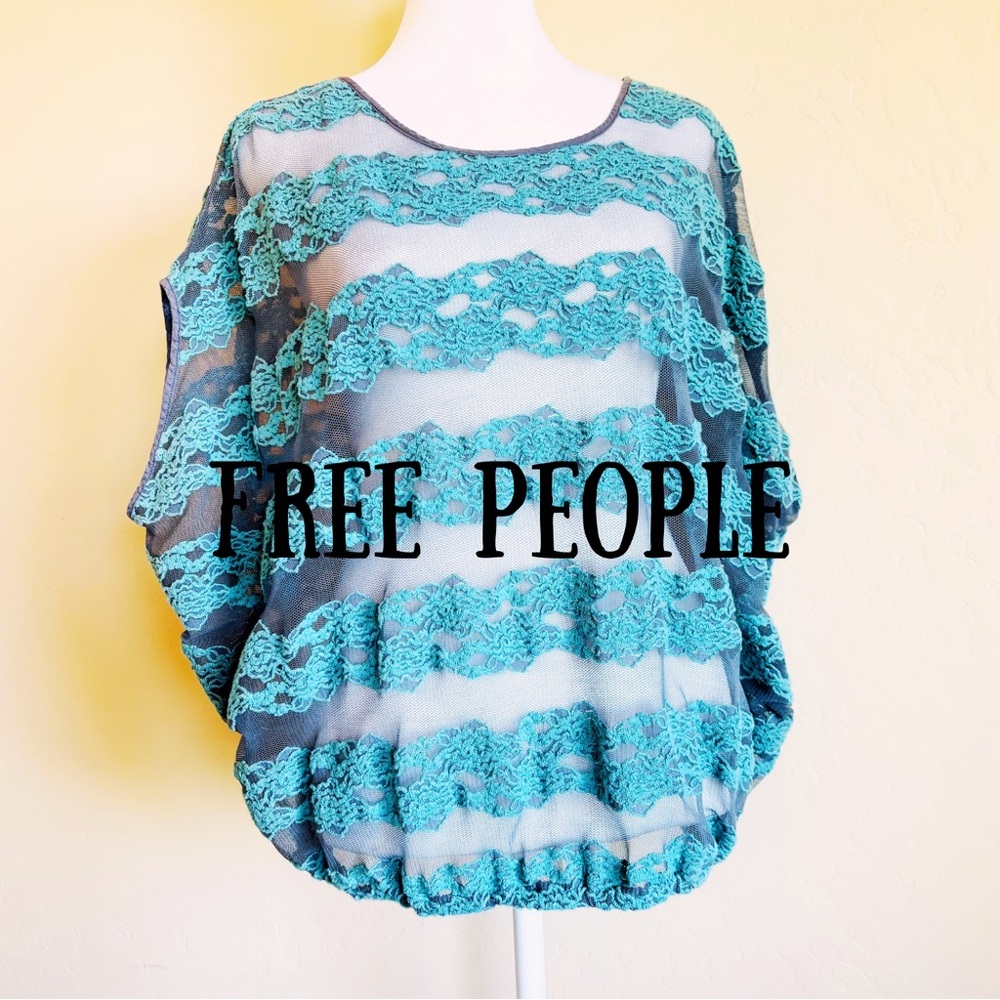 Free People County Fair Teal & Gray Embroidered Net Lace Pullover Sheer Top